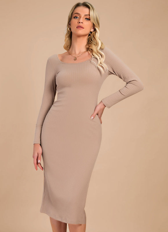 Robe Moulante Beige Manche Longue - gallery 4
