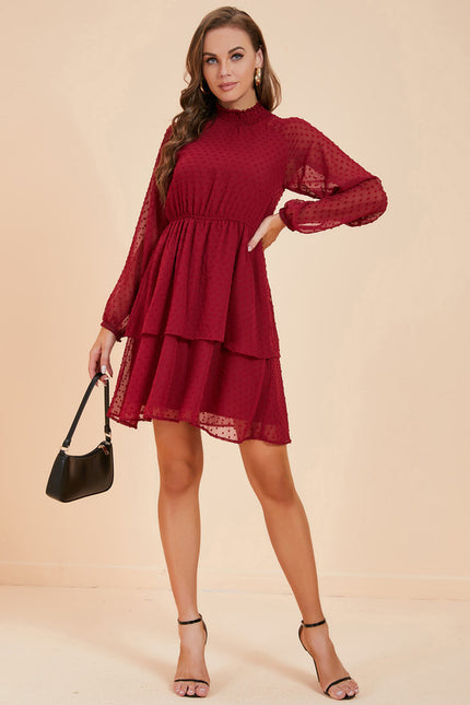 Robe Manche Longue Courte Volants Bordeaux - gallery 5