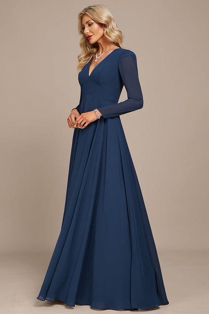 Robe Manche Longue Mousseline Marine - gallery 3