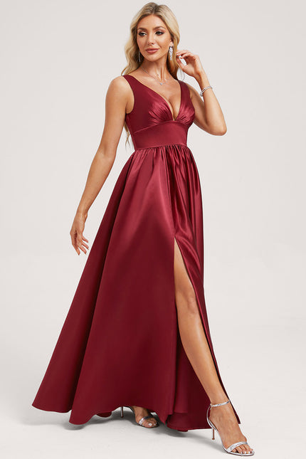Robe Manche Longue Satin Bordeaux Fendue - gallery 1