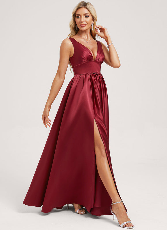 Robe Manche Longue Satin Bordeaux Fendue - gallery 1