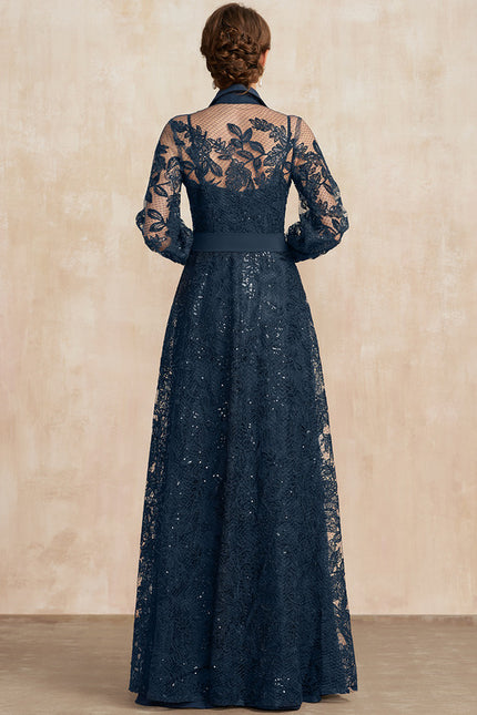 Robe Manche Longue En Dentelle Marine - gallery 3