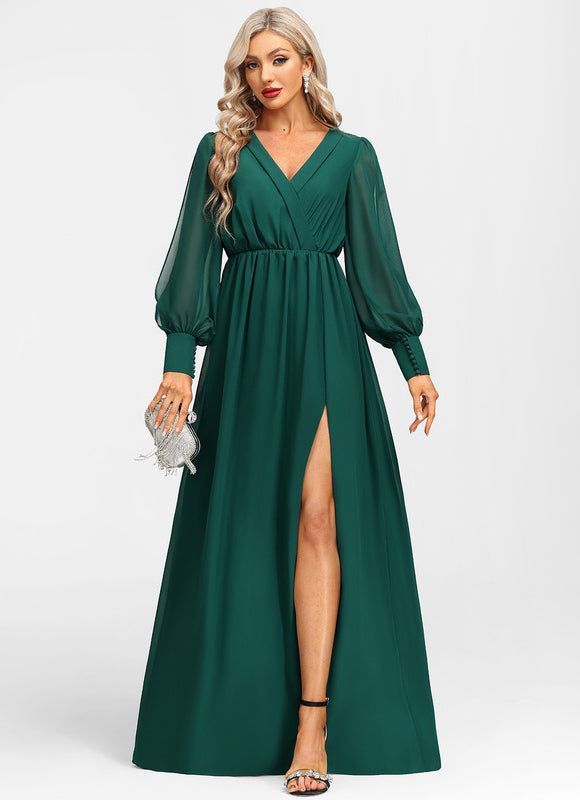Robe Manche Longue Évasée Vert Émeraude - gallery 6