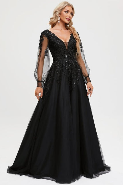 Robe Manche Longue De Bal Noire Élégante - gallery 6