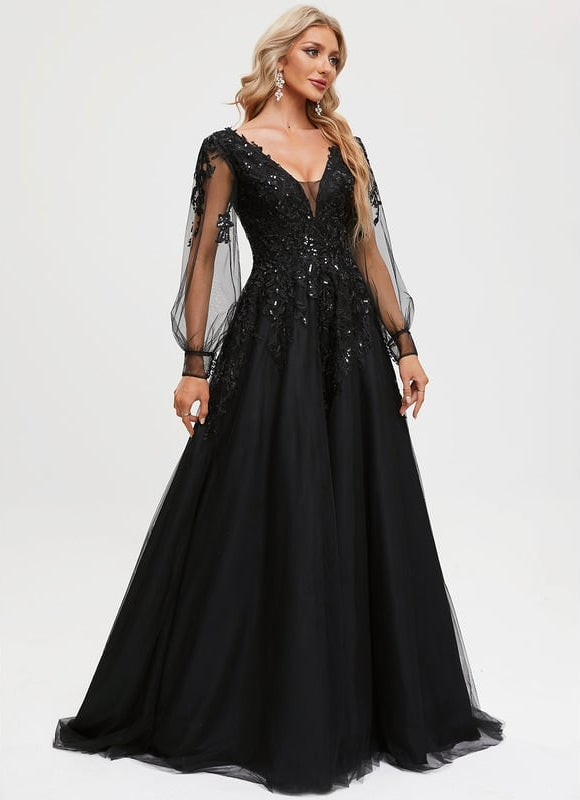 Robe Manche Longue De Bal Noire Élégante - gallery 6