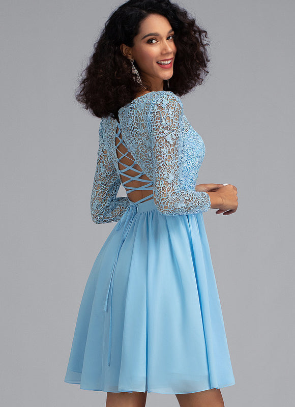 Robe Manche Longue Bleu Ciel Dentelle