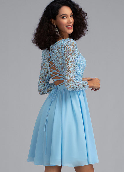 Robe Manche Longue Bleu Ciel Dentelle