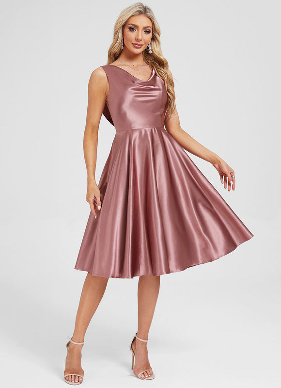 Robe Manche Longue Satin Rose Clair - gallery 1