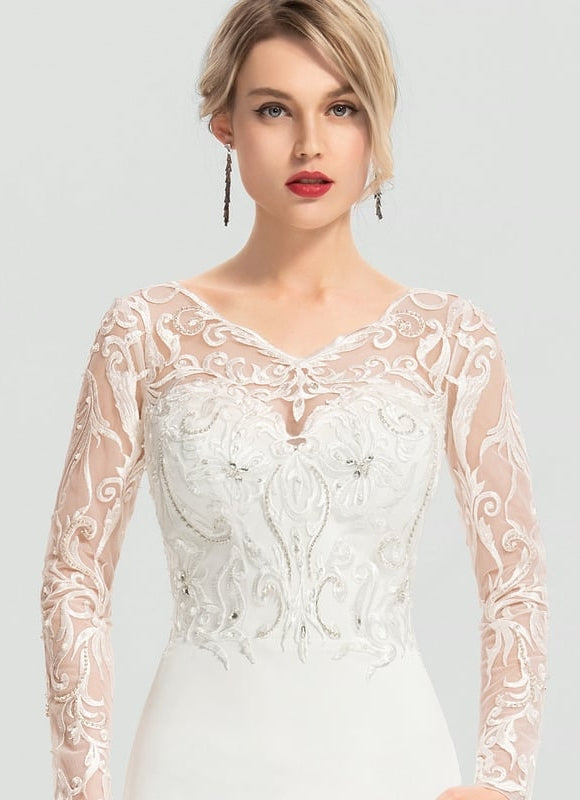 Robe Sirene Blanche Manche Longue - gallery 1