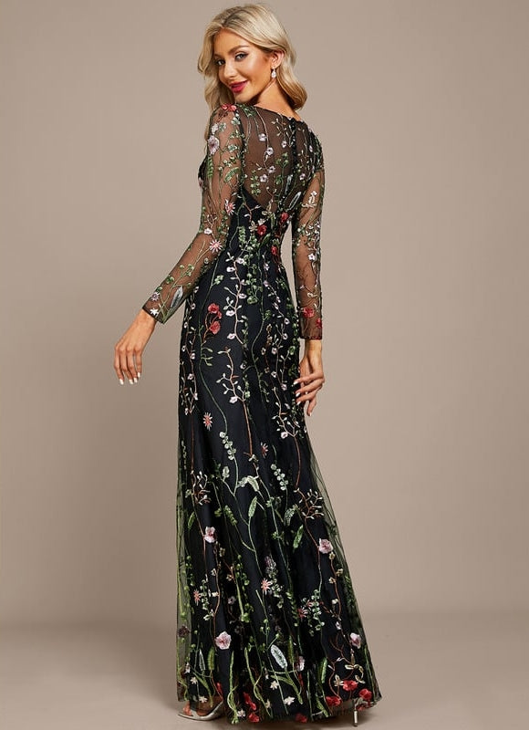 Robe Manche Longue Florale Noire - gallery 5