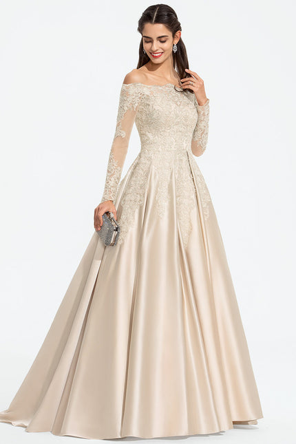 Robe Satin Beige Manche Longue - gallery 2