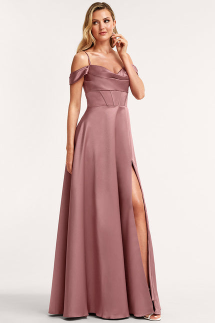 Robe Manche Longue Satin Épaule Dénudée - gallery 1