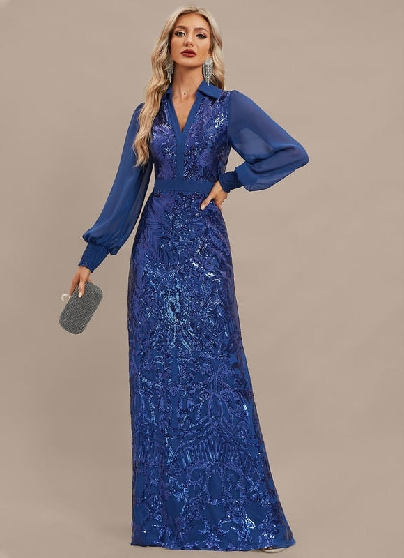Robe Manche Longue Bleu Scintillante - gallery 3