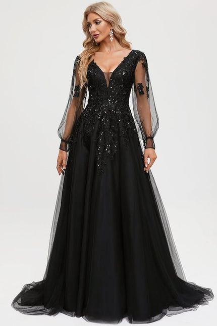 Robe Manche Longue De Bal Noire Élégante - gallery 1