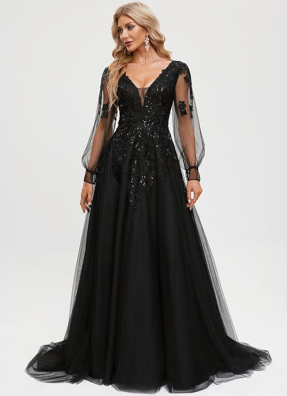 Robe Manche Longue De Bal Noire Élégante - gallery 1