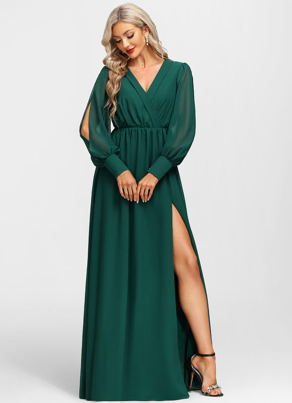 Robe Manche Longue Évasée Vert Émeraude - gallery 1