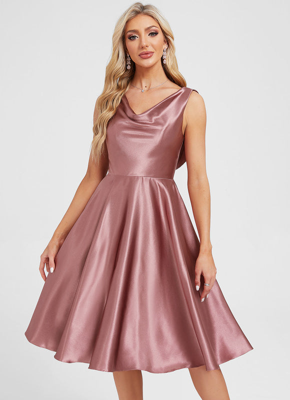 Robe Manche Longue Satin Rose Clair - gallery 2