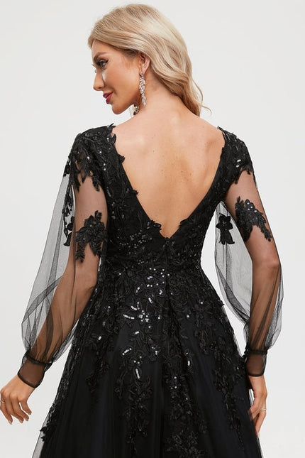 Robe Manche Longue De Bal Noire Élégante - gallery 3