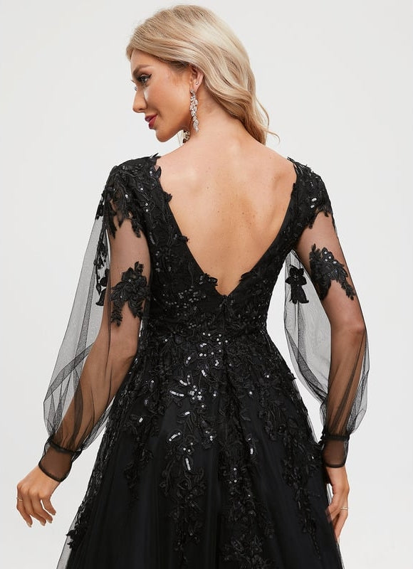 Robe Manche Longue De Bal Noire Élégante - gallery 3