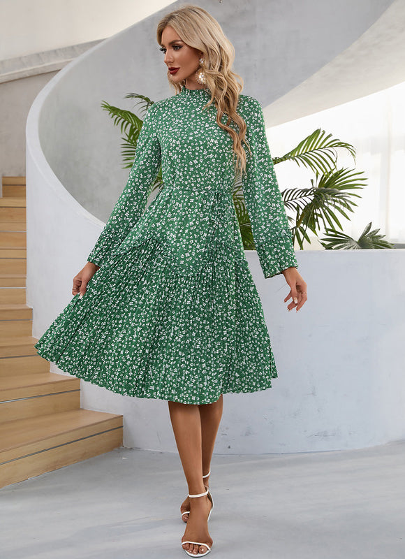 Robe Manche Longue Midi Verte Fleuri - gallery 4