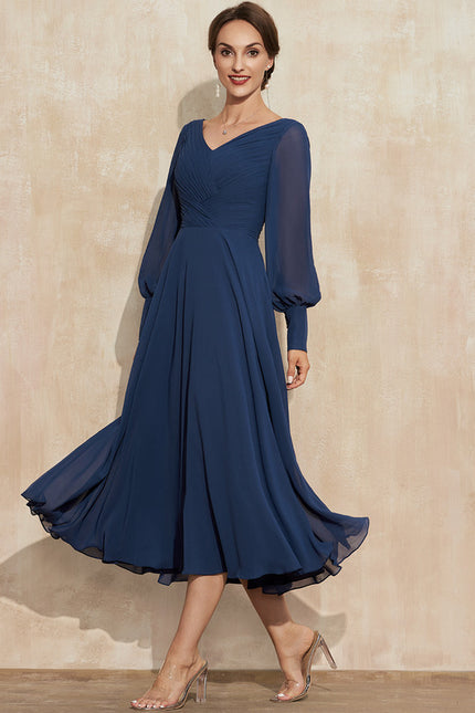 Robe Manche Longue Vaporeuse Marine - gallery 4