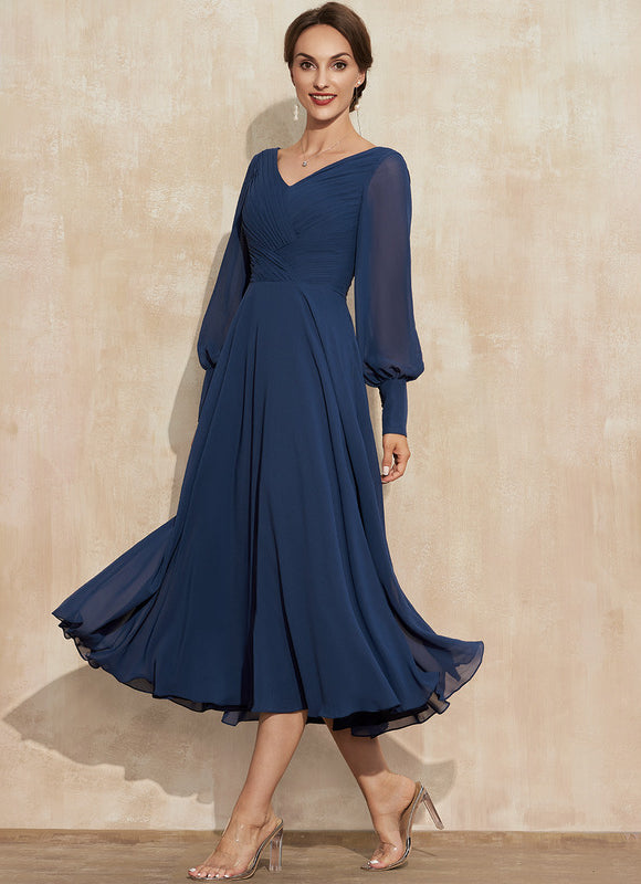 Robe Manche Longue Vaporeuse Marine - gallery 4
