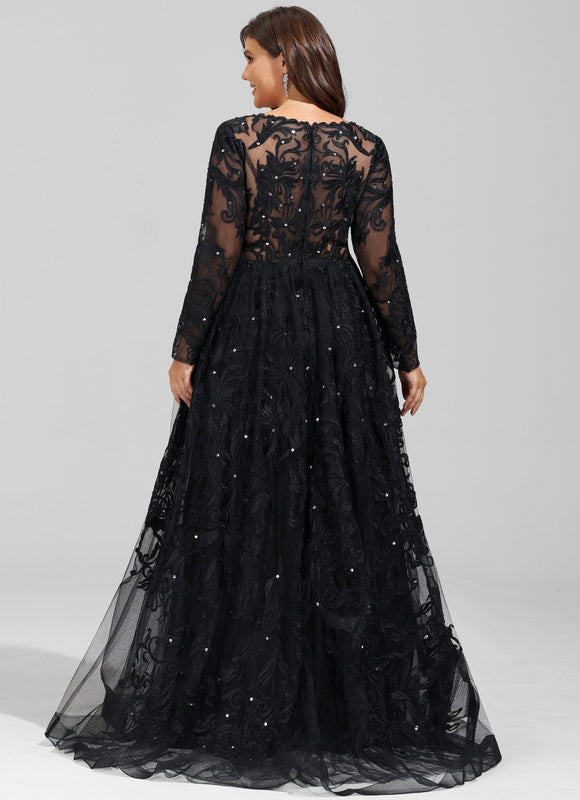 Robe Manche Longue De Bal Noire Élégante - gallery 7