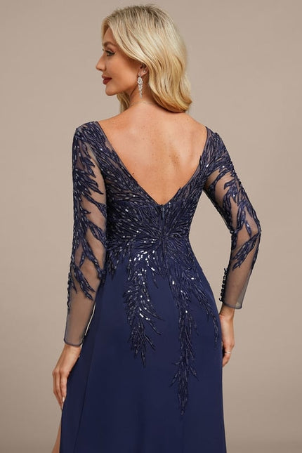 Robe Manche Longue Soirée Bleu Scintillante - gallery 7