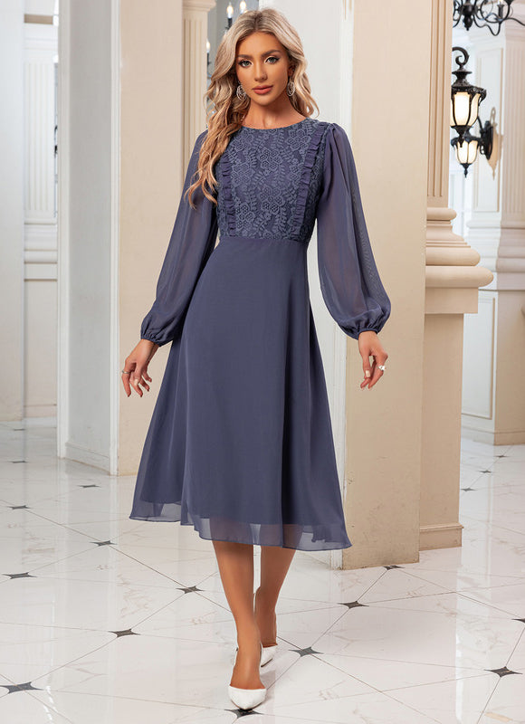 Robe Manche Longue Midi Lavande Élégante - gallery 3