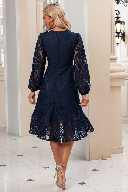 Robe Manche Longue Midi Dentelle Marine - gallery 1