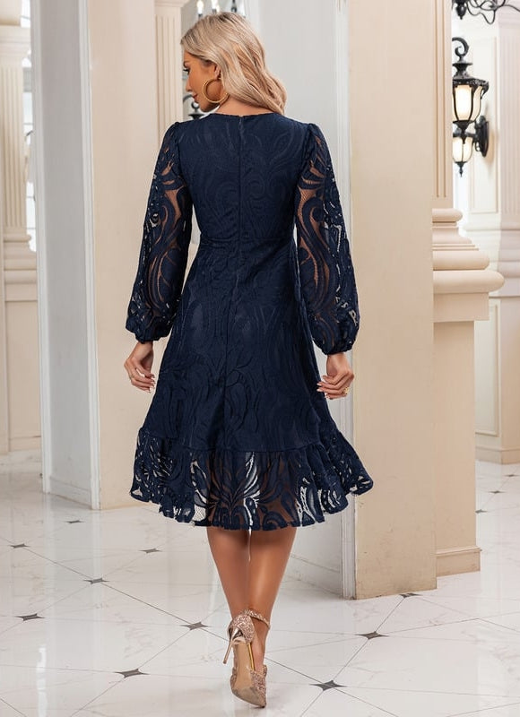 Robe Manche Longue Midi Dentelle Marine - gallery 1