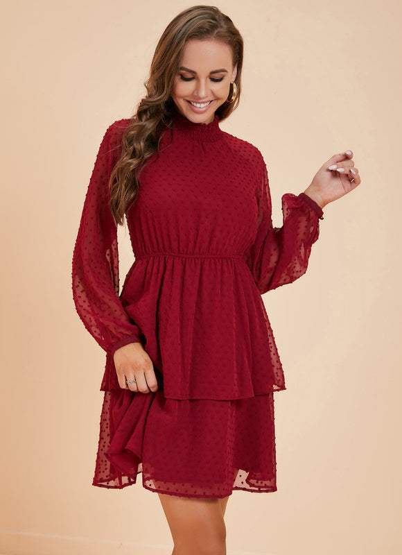 Robe Manche Longue Courte Volants Bordeaux