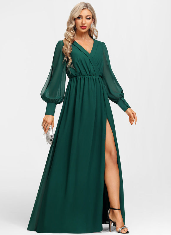 Robe Manche Longue Évasée Vert Émeraude