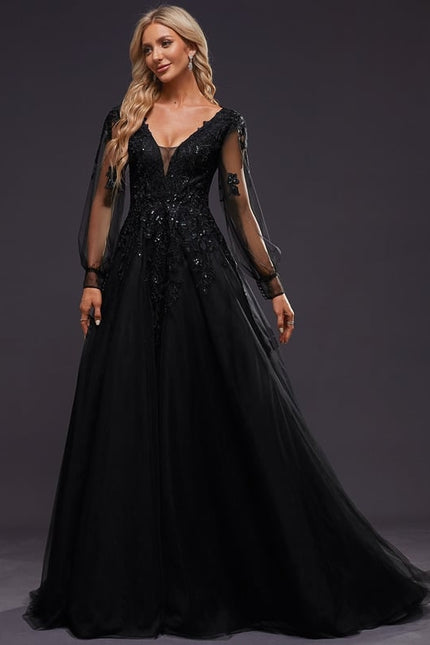 Robe Manche Longue De Bal Noire Élégante - gallery 7