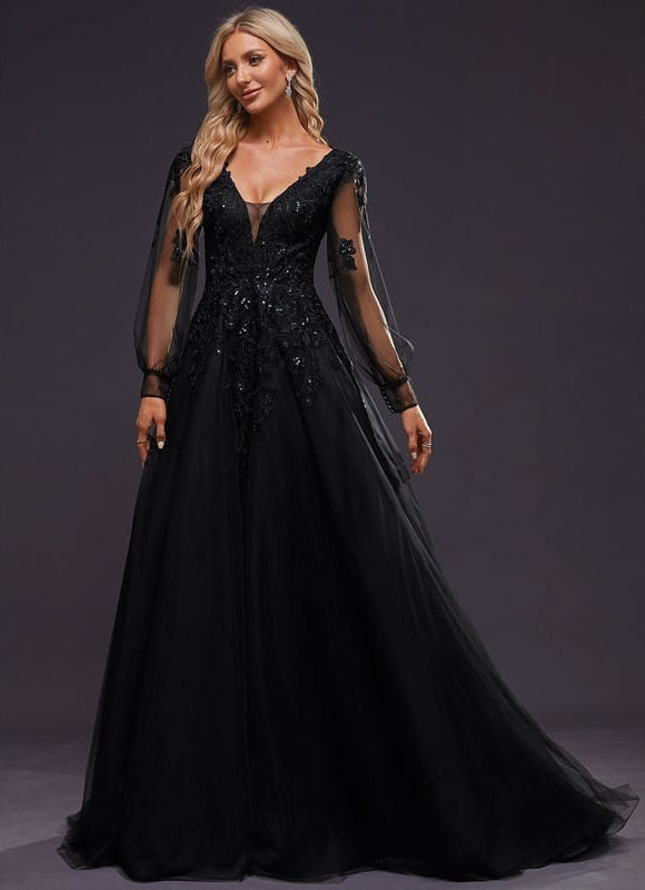 Robe Manche Longue De Bal Noire Élégante - gallery 7
