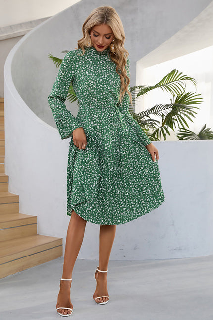 Robe Manche Longue Midi Verte Fleuri - gallery 1