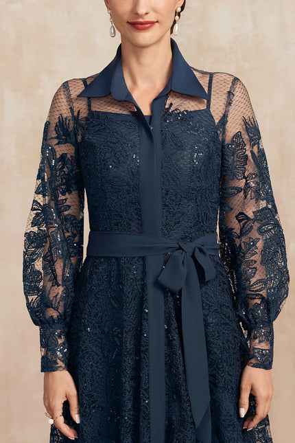 Robe Manche Longue En Dentelle Marine - gallery 4