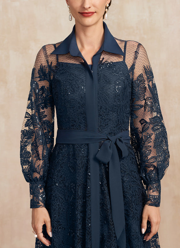 Robe Manche Longue En Dentelle Marine - gallery 4