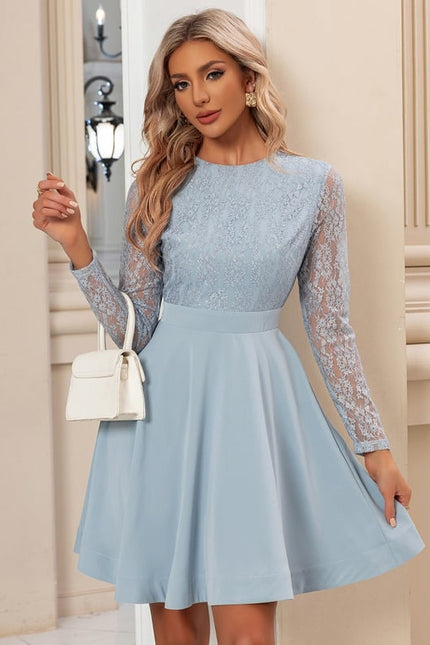 Robe Manche Longue Bleue Dentelle Évasée - gallery 3