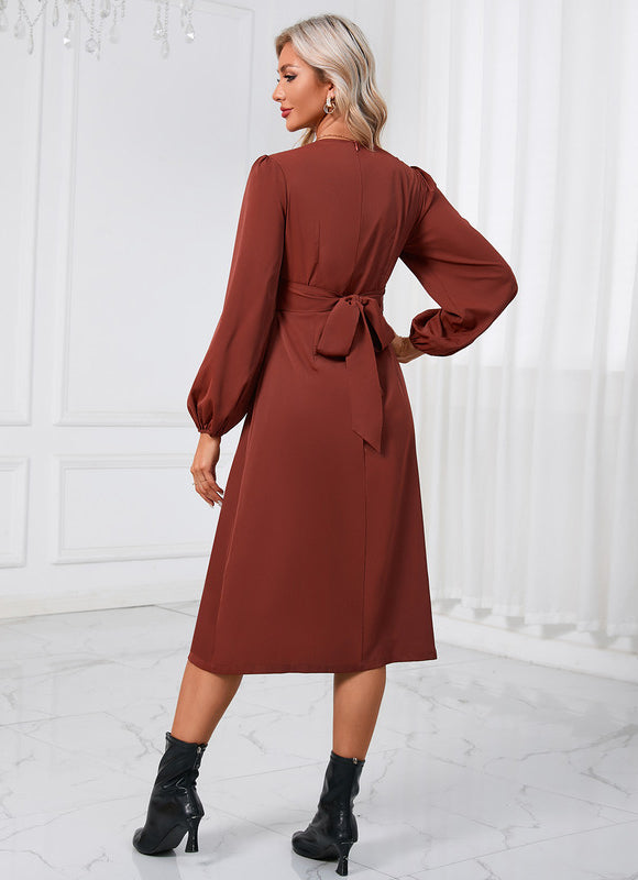 Robe Manche Longue Midi Bordeaux Satinée - gallery 2