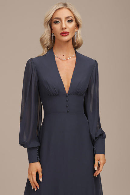 Robe Manche Longue Fluide Bleu Marine - gallery 7