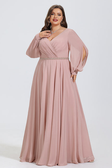 Robe Manche Longue Mousseline Rose Élégante - gallery 9