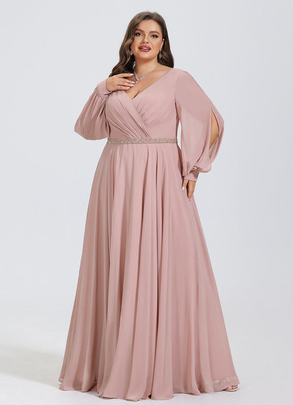Robe Manche Longue Mousseline Rose Élégante - gallery 9