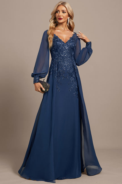 Robe Manche Longue Élégante Bleu Nuit - gallery 4