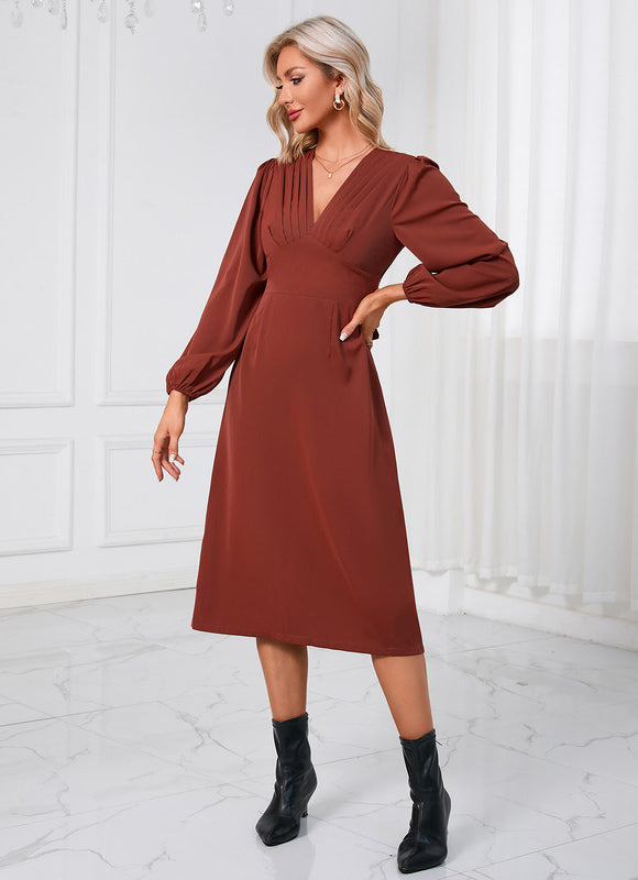 Robe Manche Longue Midi Bordeaux Satinée - gallery 3