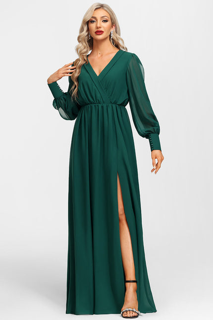 Robe Manche Longue Évasée Vert Émeraude - gallery 3