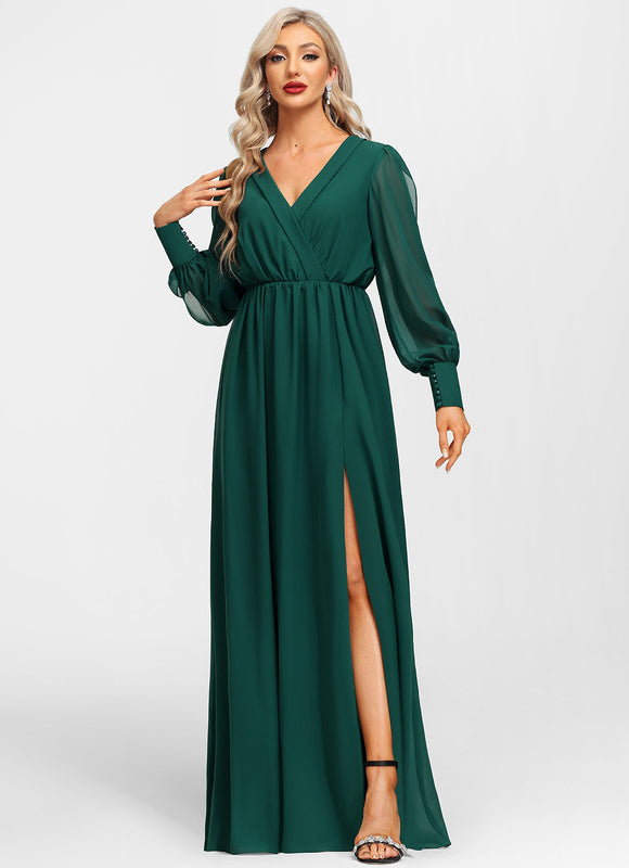 Robe Manche Longue Évasée Vert Émeraude - gallery 3