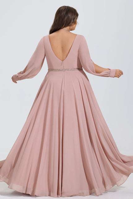 Robe Manche Longue Mousseline Rose Élégante - gallery 6