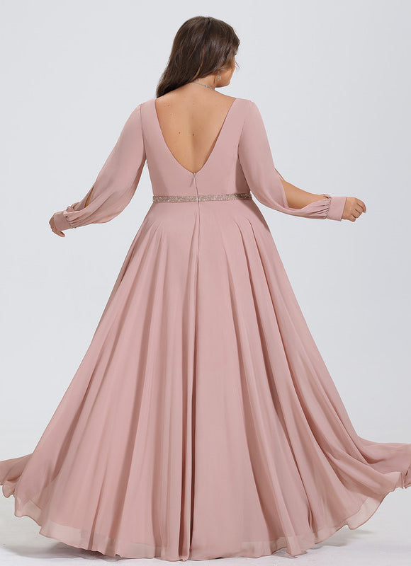 Robe Manche Longue Mousseline Rose Élégante - gallery 6