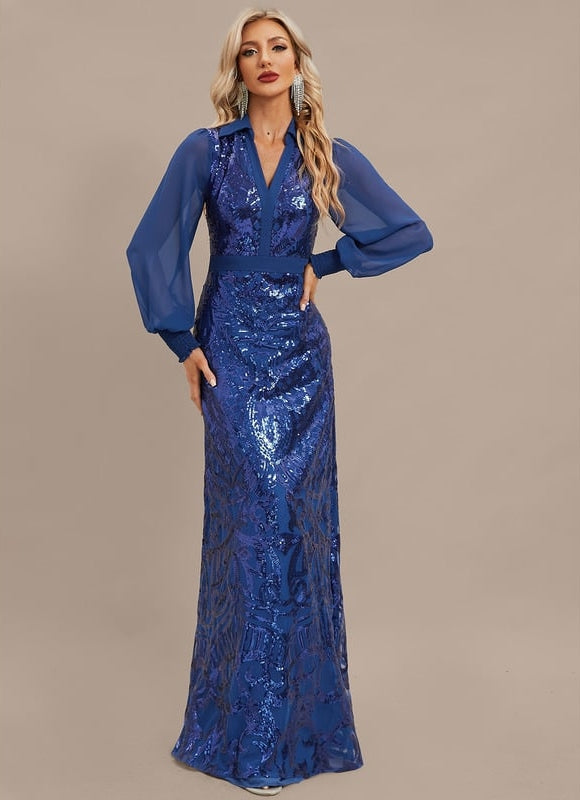 Robe Manche Longue Bleu Scintillante - gallery 4